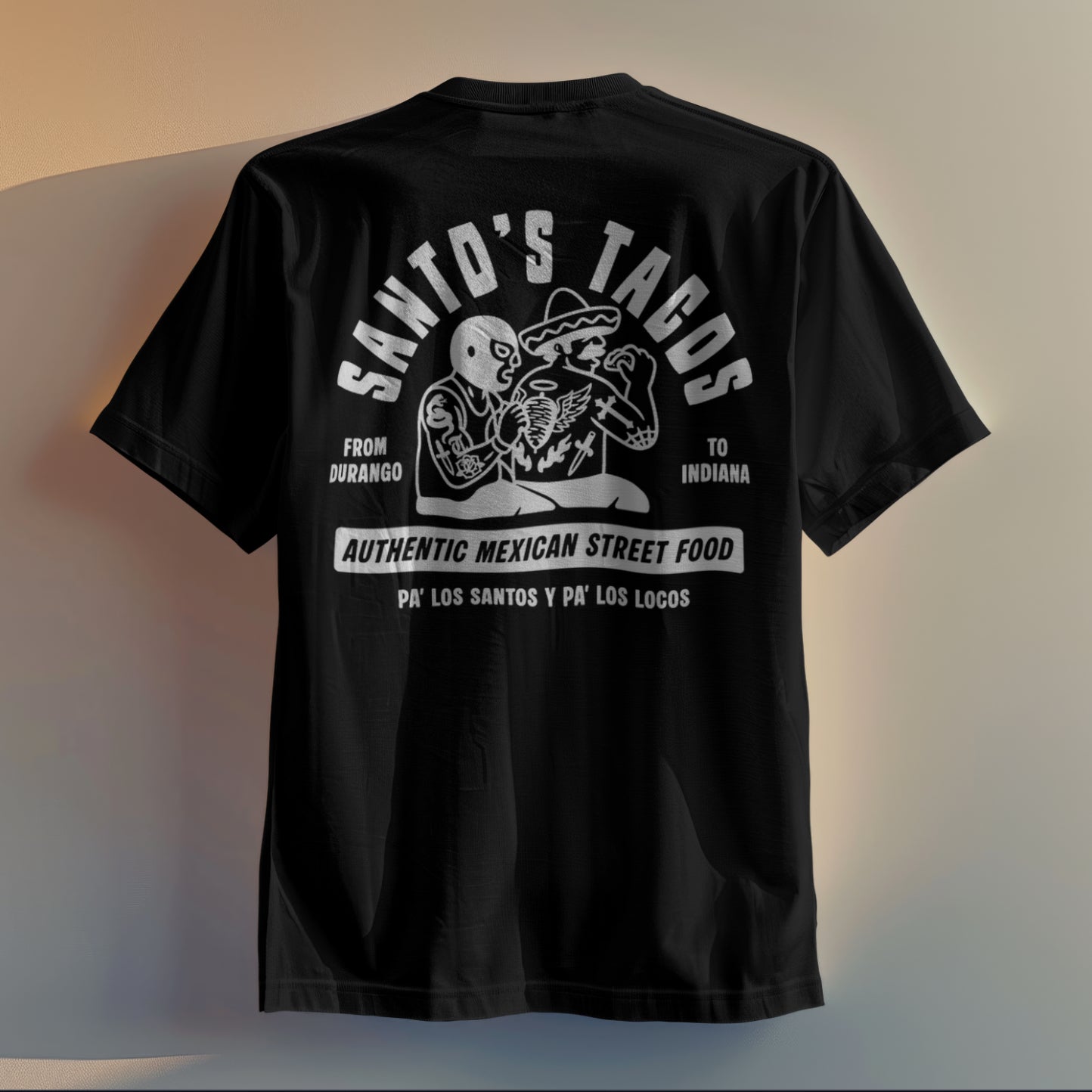 Black t-shirt with white graphic and text on a plain background